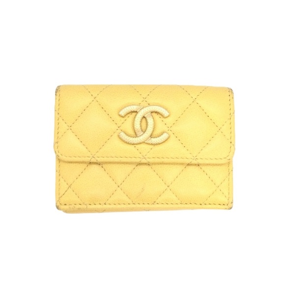 CHANEL Coco Mark Tri-fold Wallet in Caviar Skin AP296 Yellow Women's